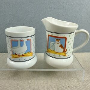 Vintage 1981 Vandor Pelzman Designs Country Cat and Geese Creamer and‎ Mug Set